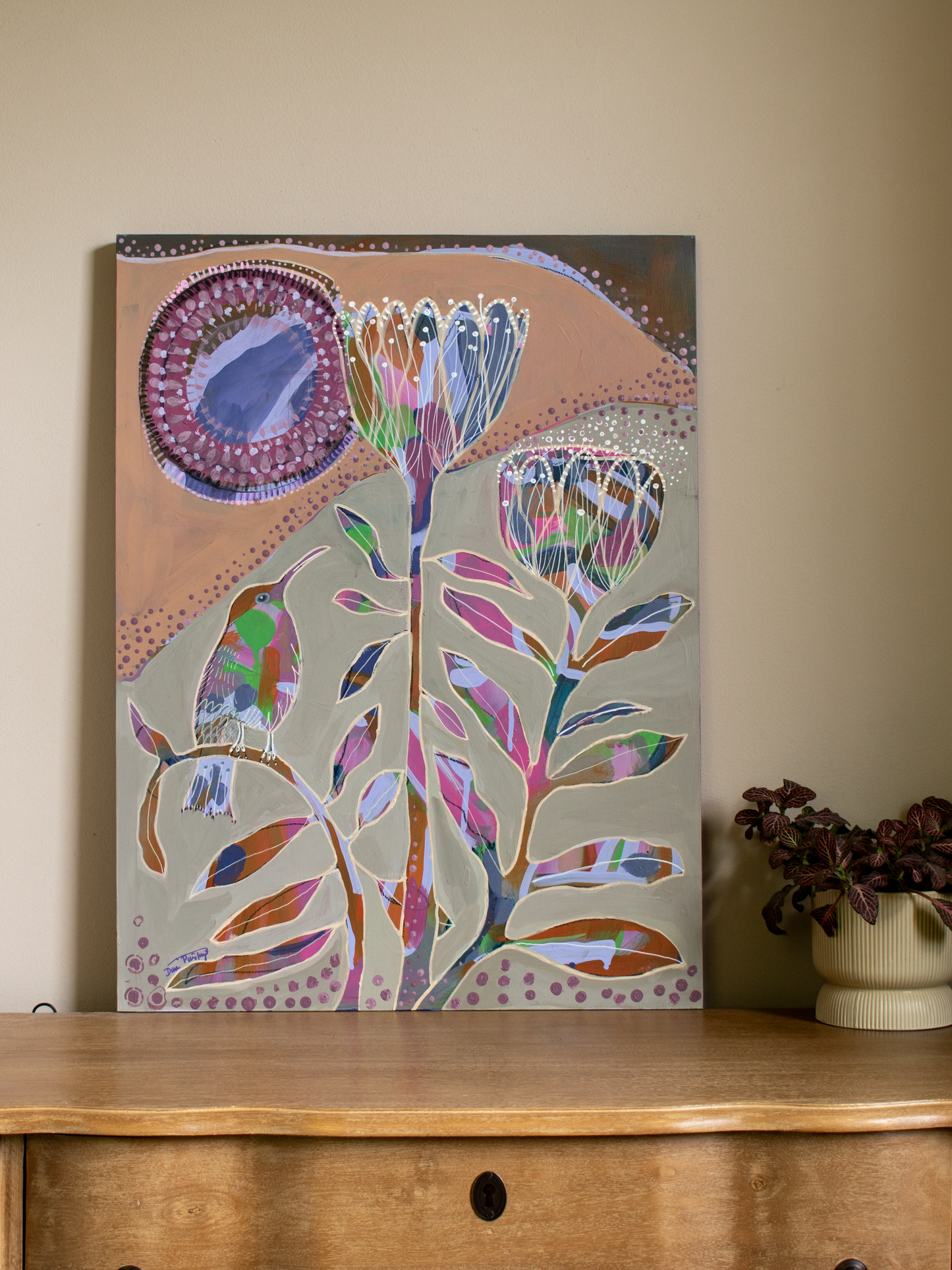 "Humming Wren" - Original Acrylic Painting on Wood Panel (18x24 inches)
