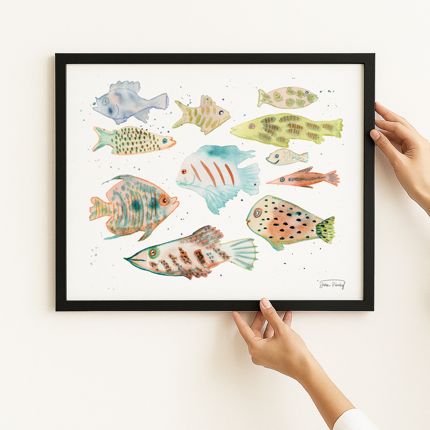 "Whimsical Fish" Abstract Coastal Watercolor Art Print on Paper