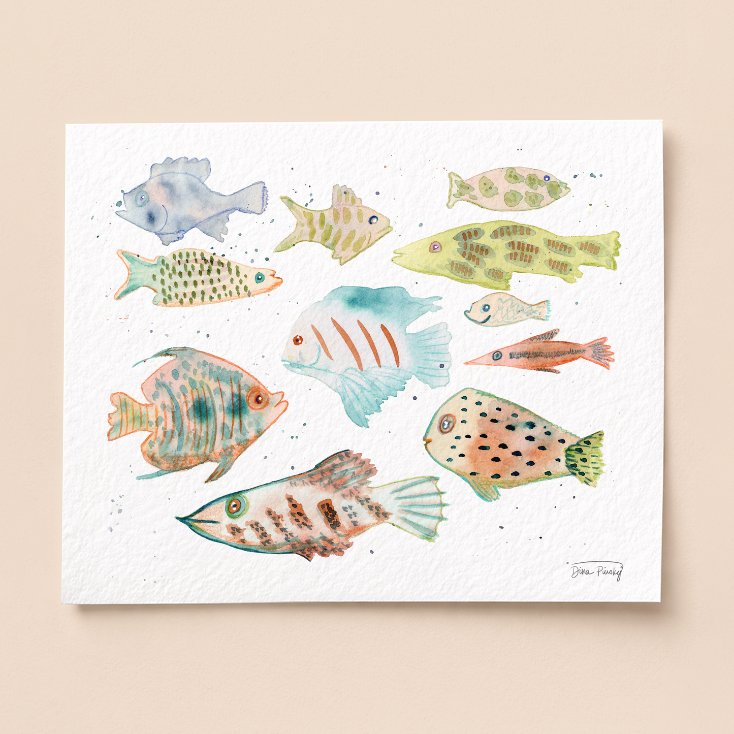 "Whimsical Fish" Abstract Coastal Watercolor Art Print on Paper