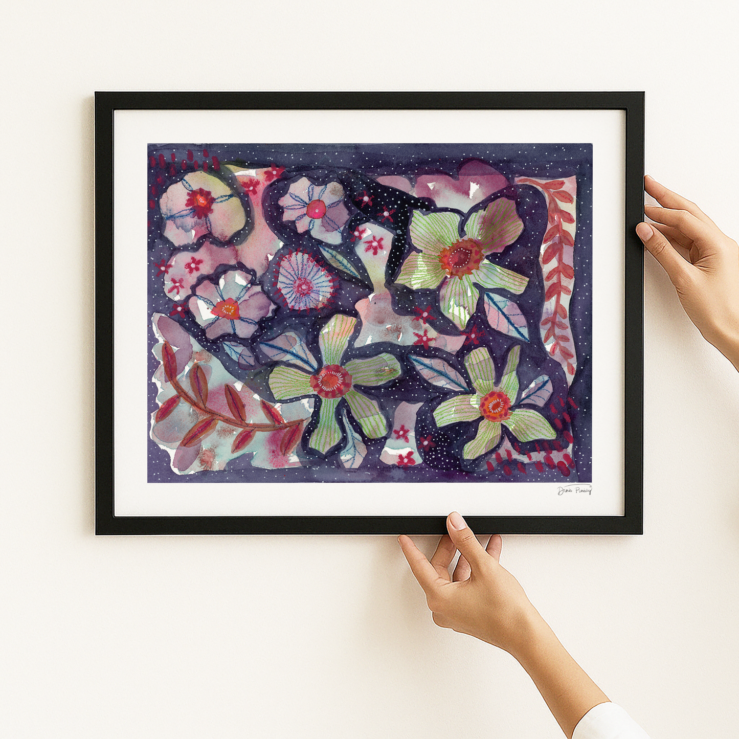 "Flowers in Purple Starlight" Abstract Floral Watercolor Art Print on Paper