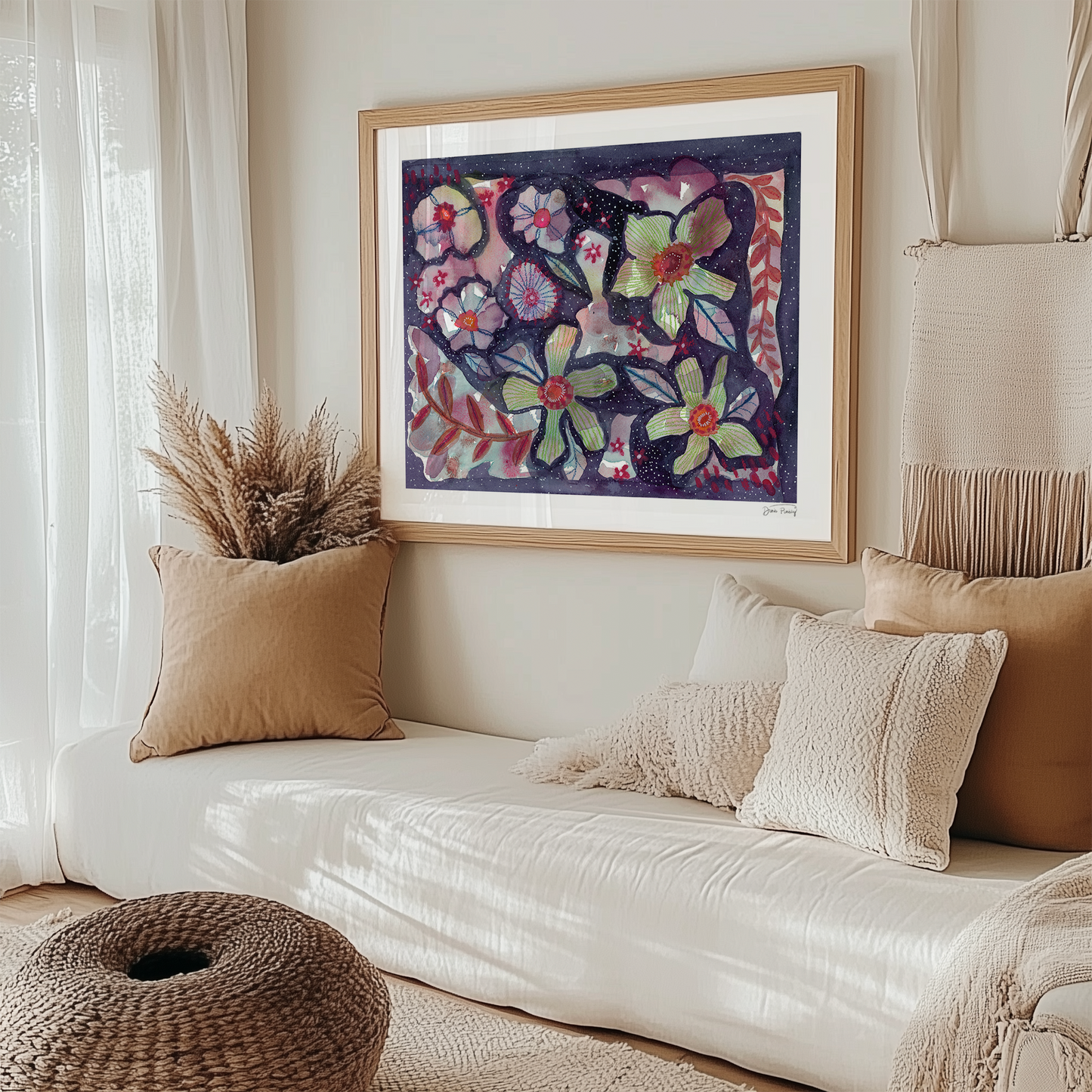 "Flowers in Purple Starlight" Abstract Floral Watercolor Art Print on Paper