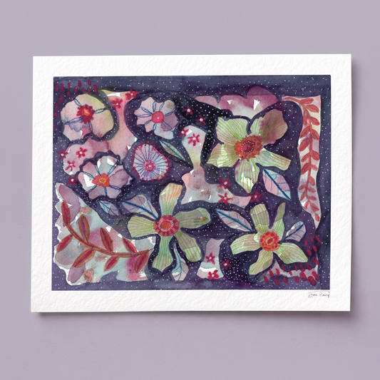 "Flowers in Purple Starlight" Abstract Floral Watercolor Art Print on Paper