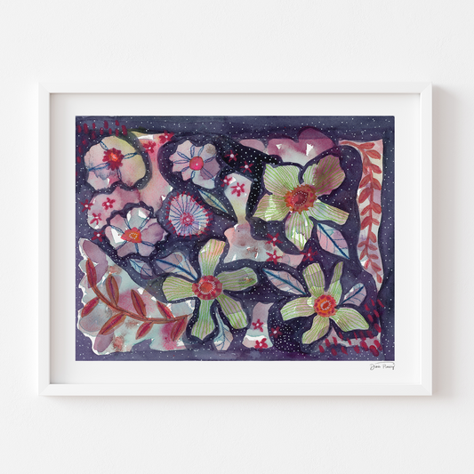 A framed floral art print featuring a dark navy background with pink, green, and red flowers, housed in a white frame and mounted on a white wall.