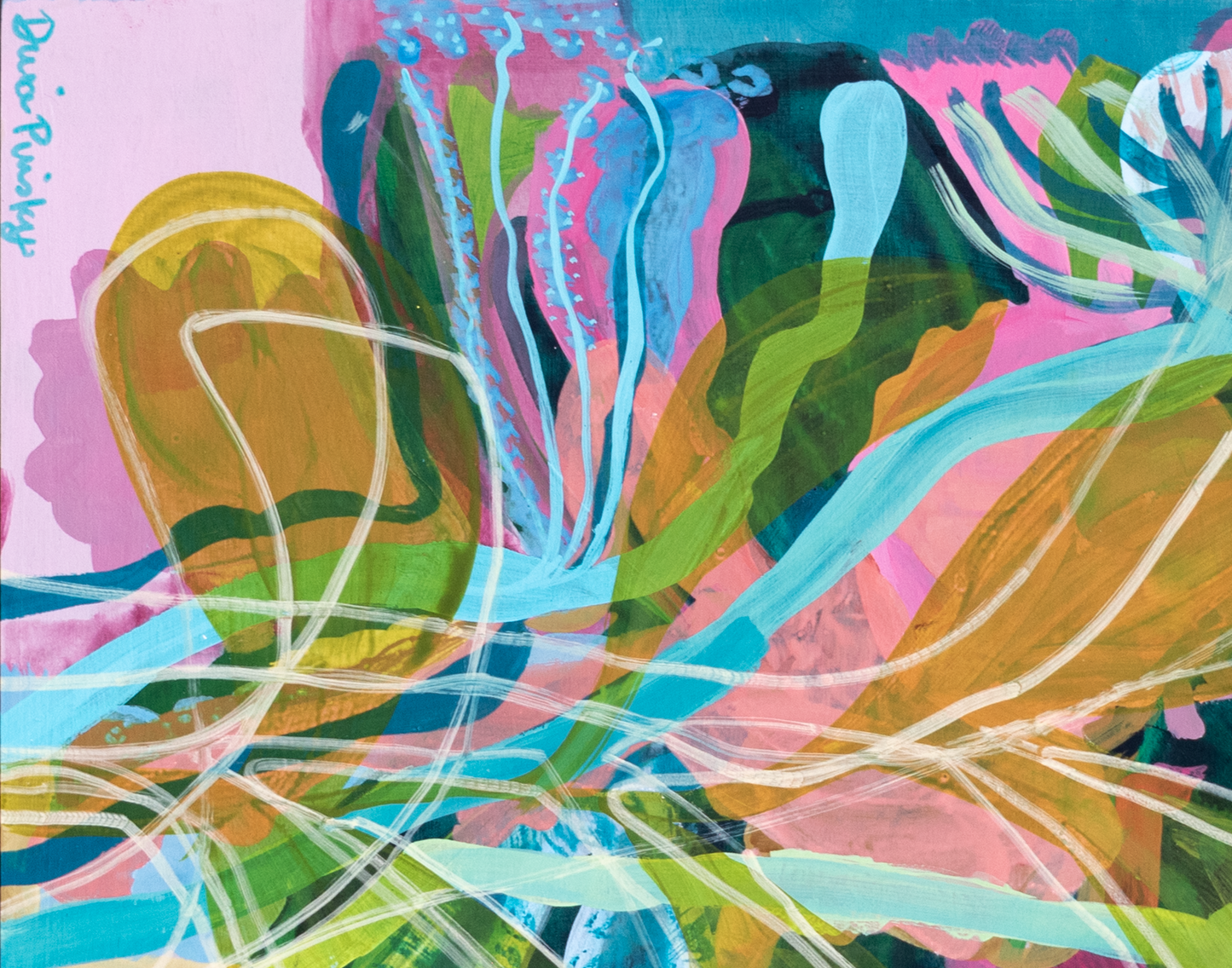 Close up of colorful abstract botanical acrylic painting with swirling patterns in pink, transparent green, ochre yellow and pink on an aqua blue background