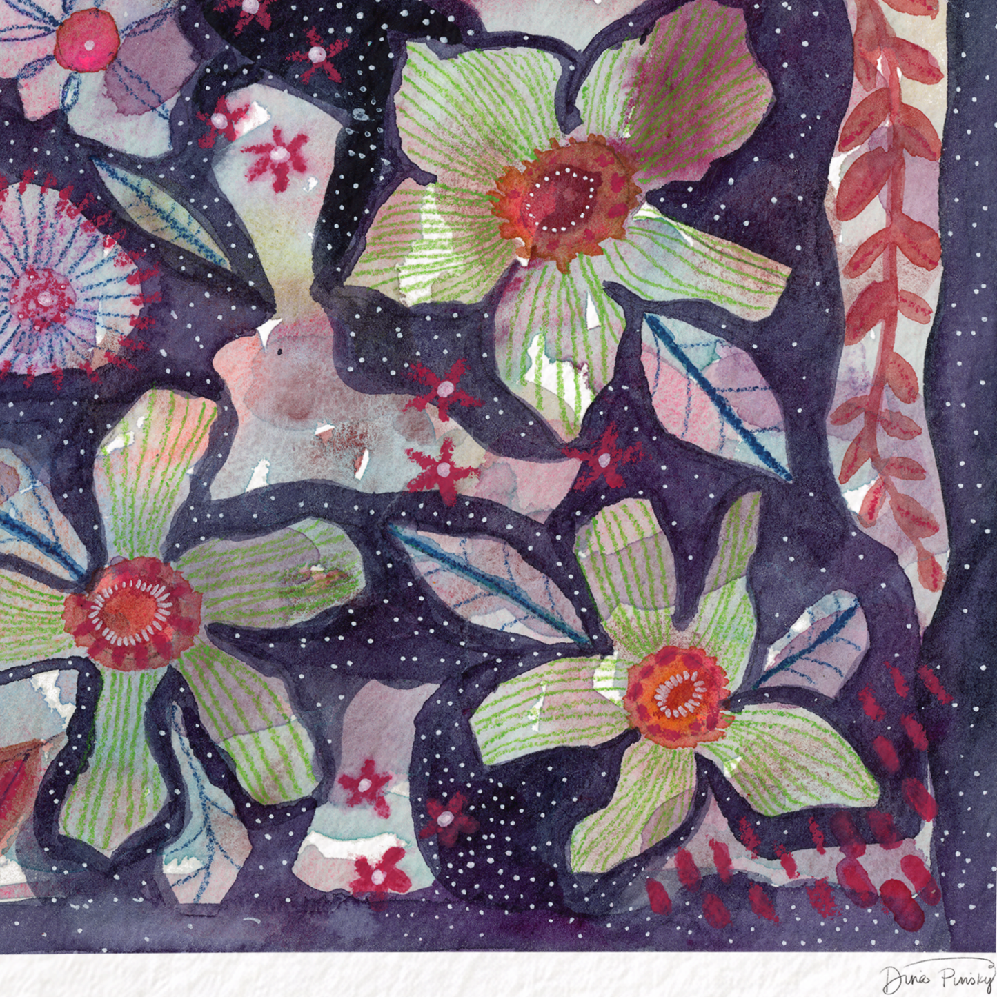 "Flowers in Purple Starlight" Abstract Floral Watercolor Art Print on Paper