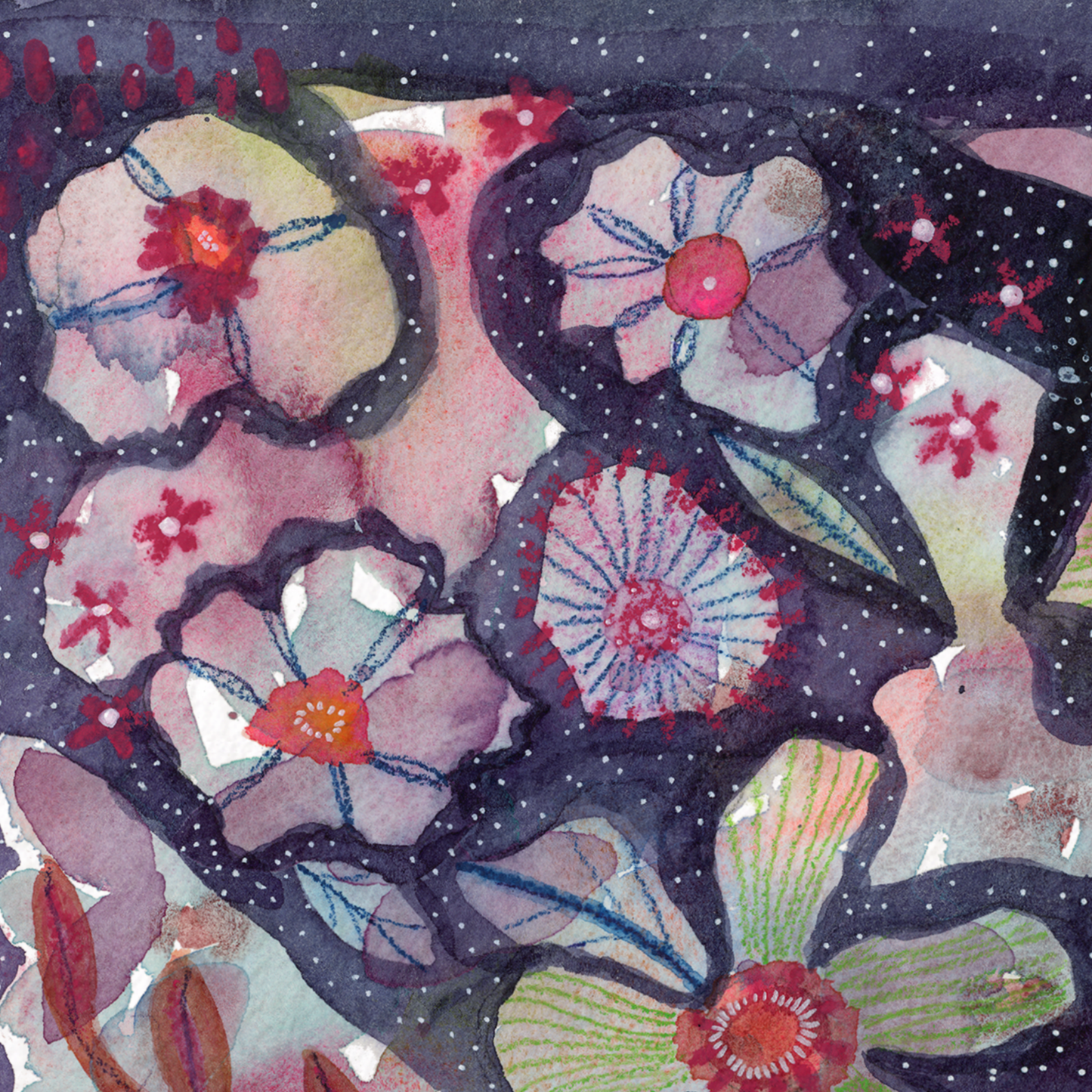 "Flowers in Purple Starlight" Abstract Floral Watercolor Art Print on Paper