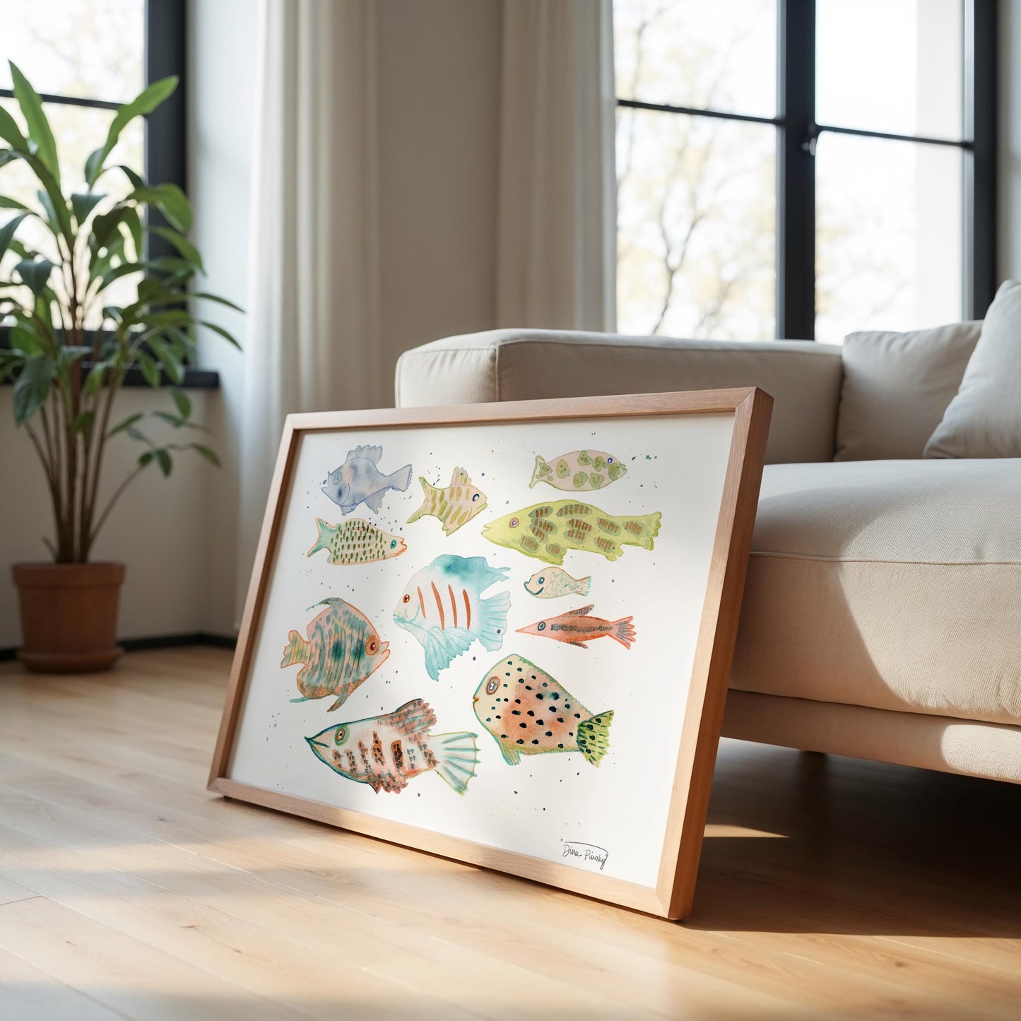 "Whimsical Fish" Abstract Coastal Watercolor Art Print on Paper