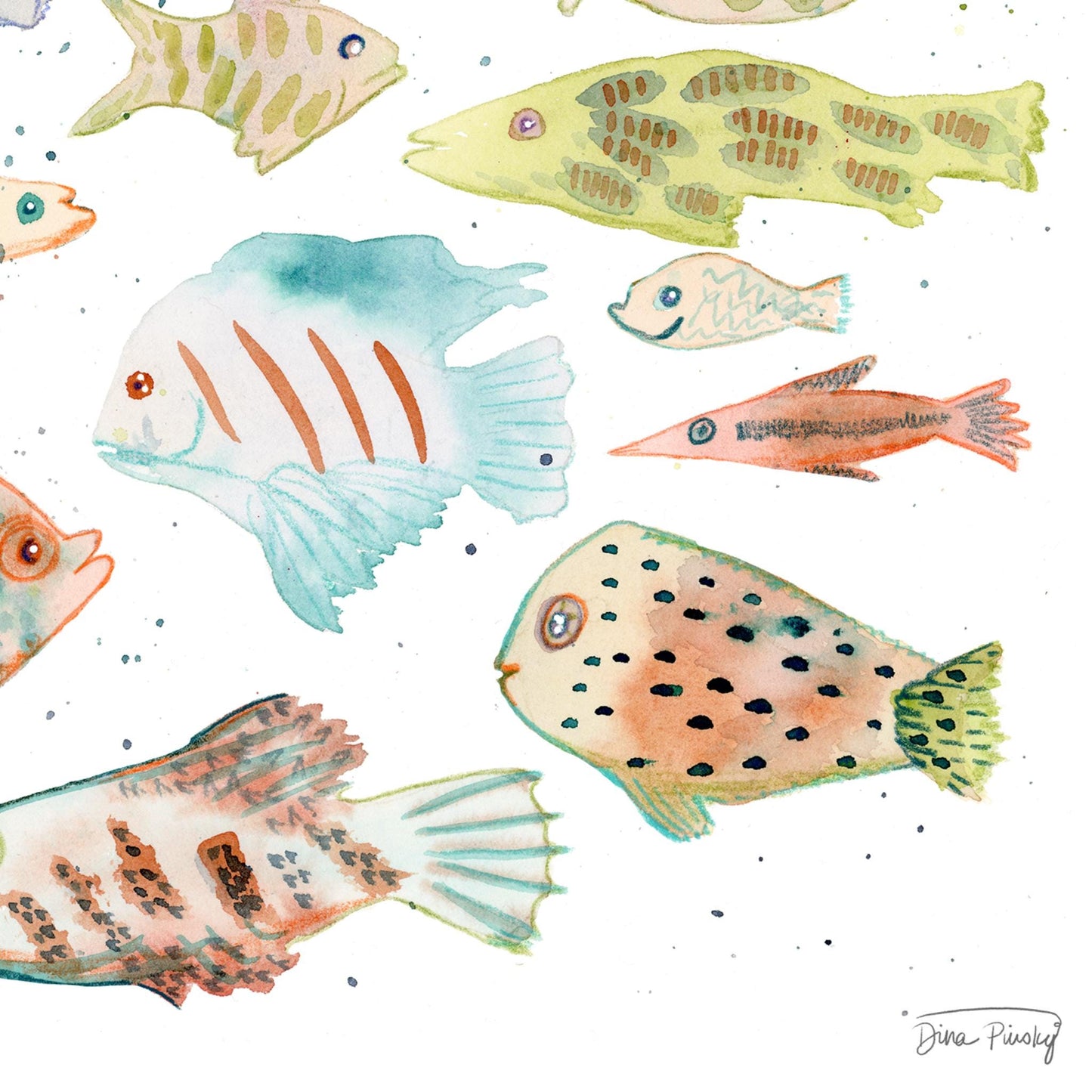 "Whimsical Fish" Abstract Coastal Watercolor Art Print on Paper