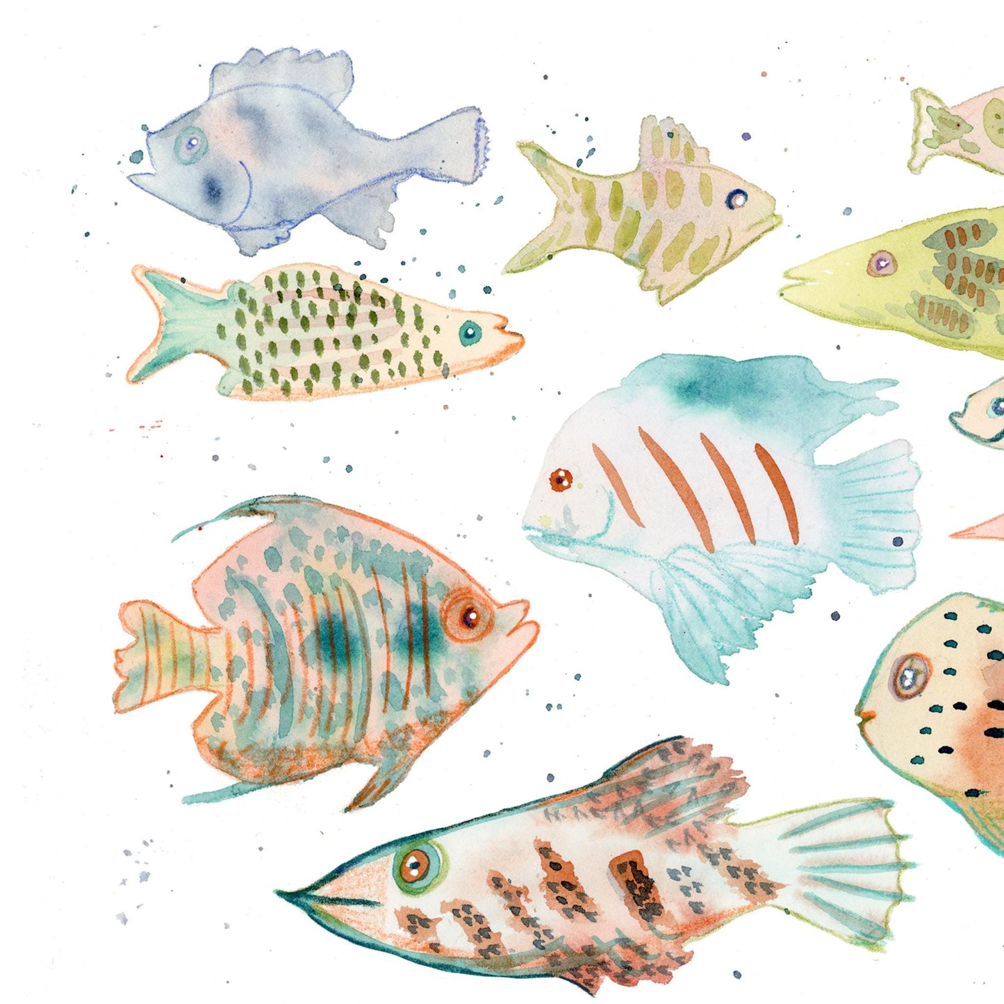 "Whimsical Fish" Abstract Coastal Watercolor Art Print on Paper