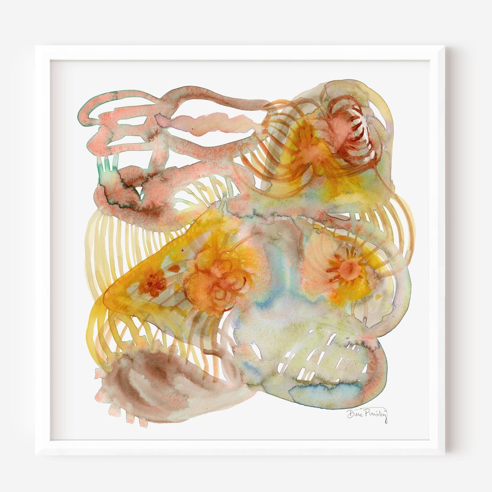 Framed artwork in an fall color palette of copper, gold, brown, with blue accents. granulating textures and abstract organic patterns  on a white background, framed in white wood.