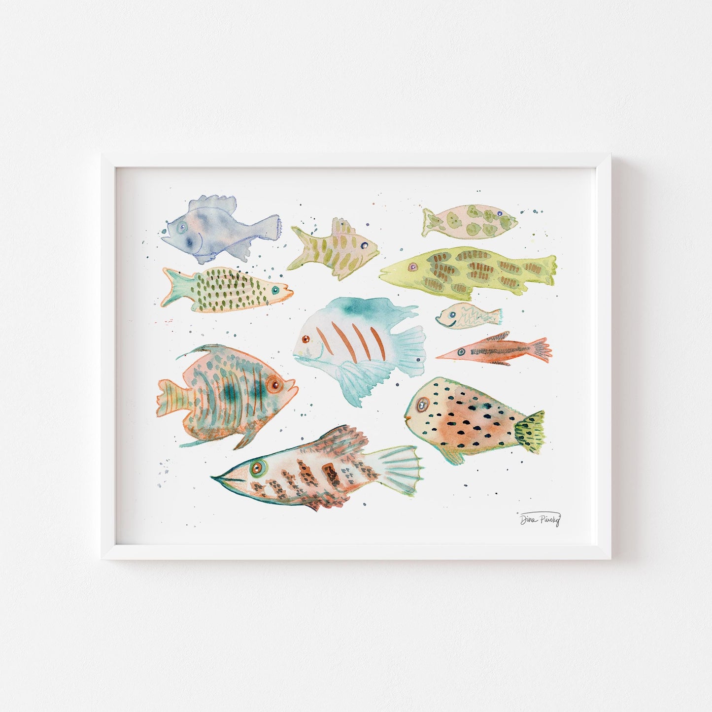 "Whimsical Fish" Abstract Coastal Watercolor Art Print on Paper